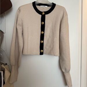 Elegant Beige and Black Cardigan with Gold Accents